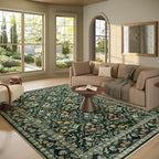 Vintage Botanical Dark Green Area Rug 8x10 Elegant Floral Pattern, Durable Stain-Resistant Fabric, Perfect for Living Room, Bedroom, Dining Room Decor
