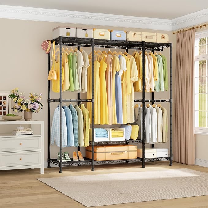 Ulif E3 Heavy Duty Garment Rack, 4 Tiers Freestanding Closet Organizer System with 5 Shelves, Metal Closet Organizer and Storage System for Clothes, Max Load 850lbs, 58.4"W x 15.7"D x 77.3"H, Black