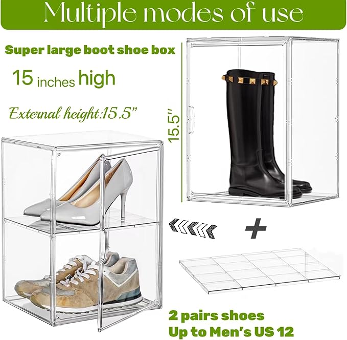 Acrylic Display Case with an Adjustable Divider, 2 Tiers XXX-Large Boot Shoe Storage Boxes Clear Plastic Stackable Storage Bin with Lids,2 Pack Super Large Clear Display Box for Shoes, Collectibles