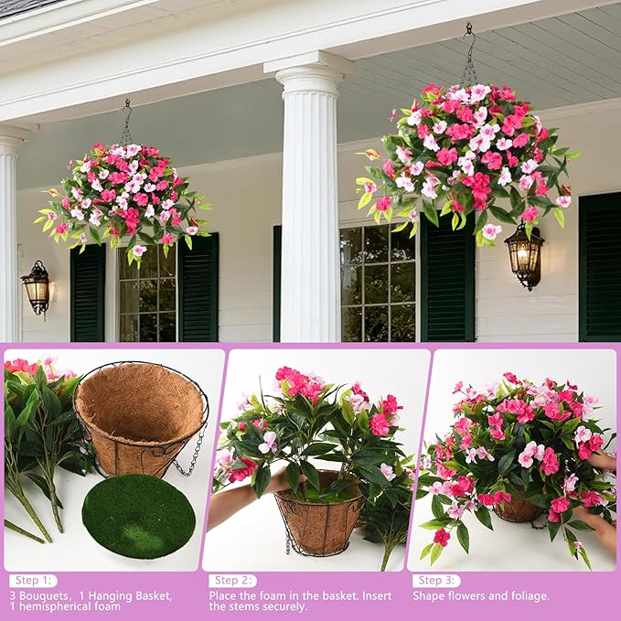 Artificial Fake Hanging Flowers Plants Basket for Outdoors Outside Decoration UV Resistant Faux Silk Flowers Look Real Plastic Flowers for Spring Planters Home Porch Patio Garden Decor