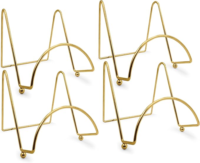 BANBERRY DESIGNS Brass Wire Easel Display Stand Plate Holders, 3 Inch Smooth Metal Footed Display Stands for Small Plates, Photos, Books, Cards & Picture Frames, Decorative Tabletop Holder, Set of 4