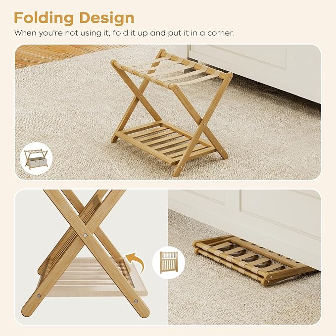 Fully Assembled Luggage Racks Pack of 2, Bamboo 26.77" Folding Luggage Rack Stand for Guest Room, 5 Nylon Straps, Suitcase Stand with Storage Shelf for Bedroom Hotel, Heavy Duty, Natural