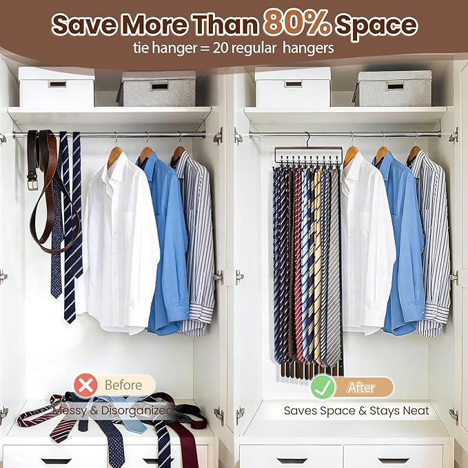 Tie Rack Hanger for Closet Upgraded 2-in-1 Tie and Belt Hanger Non Slip Tie Rack with 20 Hooks Tie Hanger Space Saving Wooden Belt Tie Organizer for Tank Tops Bras Cami Scarves, Walnut Color