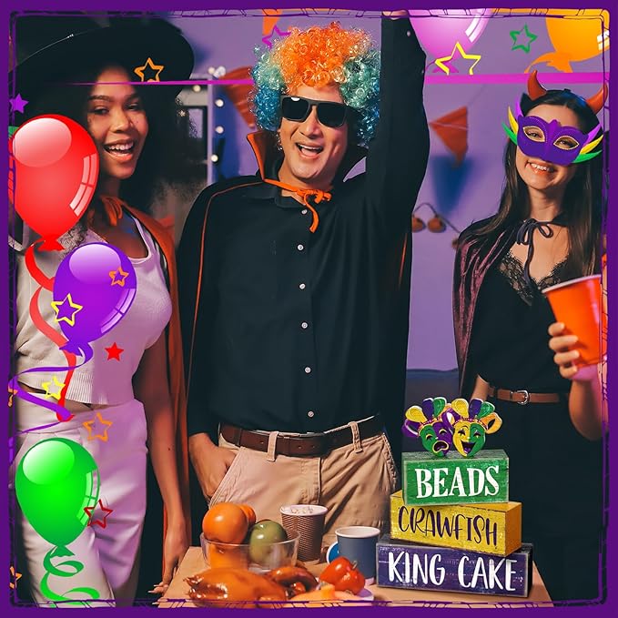 Moucuny 4 Pcs Mardi Gras Table Decorations Wooden Mask Decor Purple Golden Green Carnival Tiered Tray Decor Mardi Gras Centerpieces Decorative Masks Block Signs Gift for Masquerade Party Home Kitchen