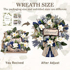 Waipfaru Magnolia Wreaths for Front Door, 22 Inch Spring Summer Wreath with Eucalyptus & Blue Grey Burlap Bow, Year Round Wreaths for Porch Farmhouse Patio Door Decor All Season (2 Pcs)