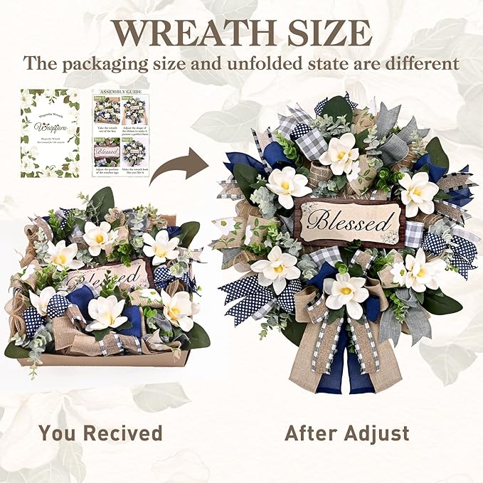 Waipfaru Magnolia Wreaths for Front Door, 22 Inch Spring Summer Wreath with Eucalyptus & Blue Grey Burlap Bow, Year Round Wreaths for Porch Farmhouse Patio Door Decor All Season (2 Pcs)
