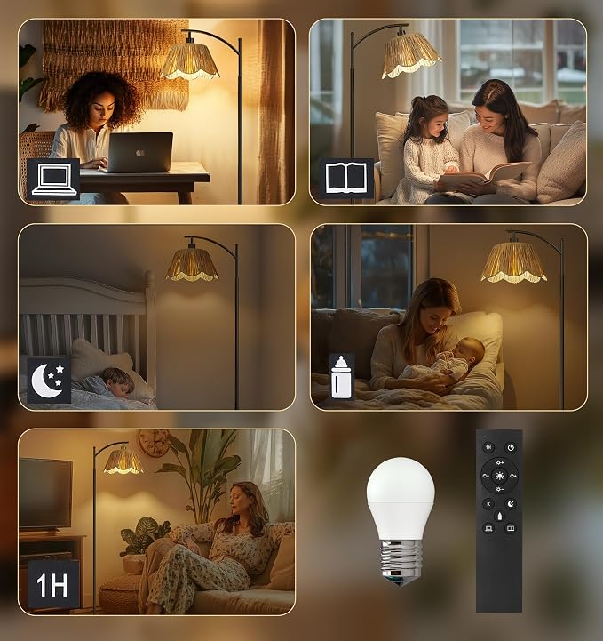 Oneach Boho Floor Lamp with 3 Color Temperatures, Farmhouse Floor Lamps for Living Room with Remote & Dimmable Bulb, Rattan Floor Lamp for Bedroom, Black