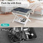 VASMIA Luggage Rack, Folding Suitcase Stand with Storage Shelf,Bamboo Luggage Stand for Guest Room,Bedroon and Hotel,Holds up to 131 lb,Fit Most Luggage Size,White