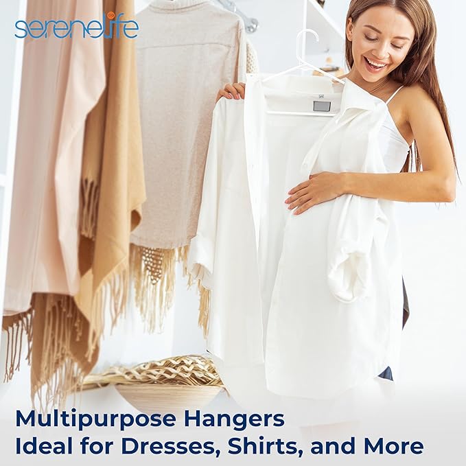 SereneLife White Plastic Hangers 200 Pcs, Durable Hanger Set with Slip Design, Tubular Hangers with 2 Integrated Strap Hooks, Mega Pack for Clothes