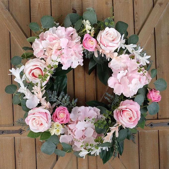 Artificial Pink Rose Wreath - 20 Inch Front Door Wreath with Hydrangea Leaves for Spring, Valentine's, Mother's Day, Wedding & Home Decor