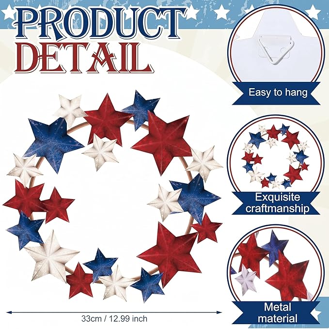 MorningRo Metal Patriotic Wreaths for Front Door 250th Anniversary Red White Blue Star 4th of July Wreaths Independence Day Hanging Vintage Rustic Independence Day Welcome Sign for Porch Wall Home