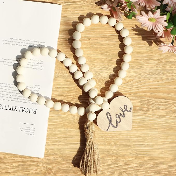 Meplait Love Wooden Bead Garland with Tassel, Decorative Beads Home Decor Farmhouse Tassel Garland Boho Decor for Tiered Tray（38in）