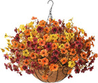 Artificial Fake Hanging Baskets Fall Flowers for Outdoors Decoration, Faux Silk Mums Plants UV Resistant Look Real Outside Yard Patio Front Porch Garden Balcony Home Autumn Decor (Orange Yellow Brown)