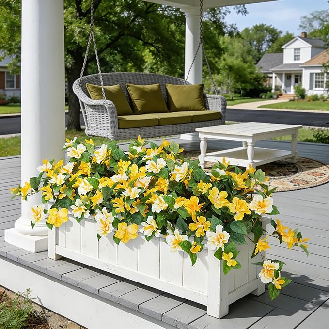 Artificial Flowers for Outdoors Indoors,2 Bunches Fake Hibiscus with Realistic UV Resistant Silk Flower Fabric Leaves,Faux Plants Outside for Home Patio Garden Yard Poch Decor(Yellow,White)