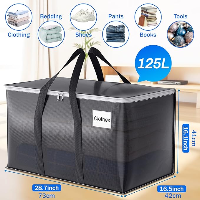 6 Pack Moving Bags Heavy Duty, Moving Boxes, Storage Bags with Zipper & Handles & Tag for College & Dorm Moving Supplies Grey Laundry Hamper Bag, Foldable Space-saving Totes (125L, Grey)