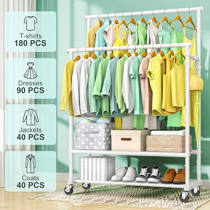 Double Rods Clothes Rack for Hanging Clothes, Heavy Duty Rolling Clothing Rack with Wheels, Freestanding Garment Racks with Oxford Bottom Shelf and Mesh Bottom Shelf for Bedroom Laundry Living Room