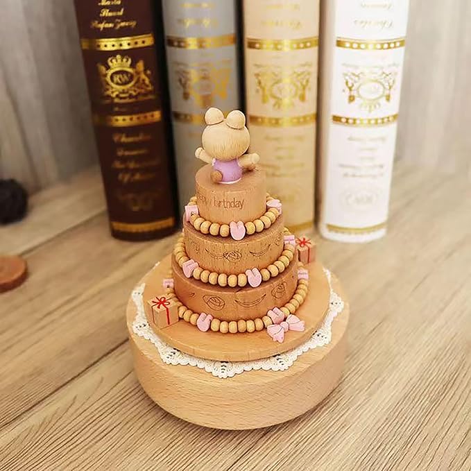 Natural Solid Wood Handcrafted Beech Wooden, Musical FigureTotoro/Carousel/Fairy/Ballerina Figurine,Rotating Hand Crank Mechanism Music Box,Musical Decorations (Cute Little Bear's Birthday Cake)
