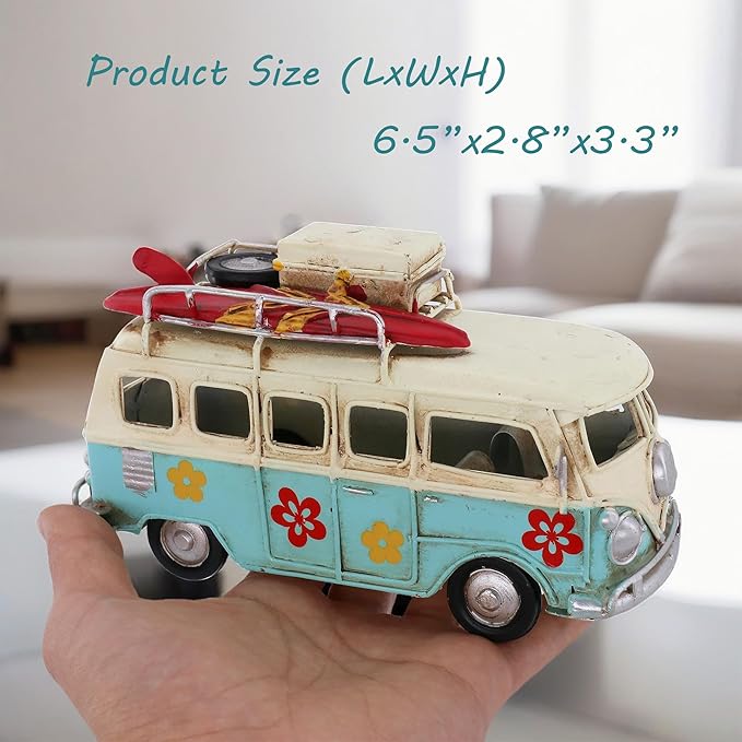 Vintage Mini Camper Van Decor, Tropical Flower Decals, Coastal Beach Style Ornament for Shelf Table Home Decoration, Light Blue