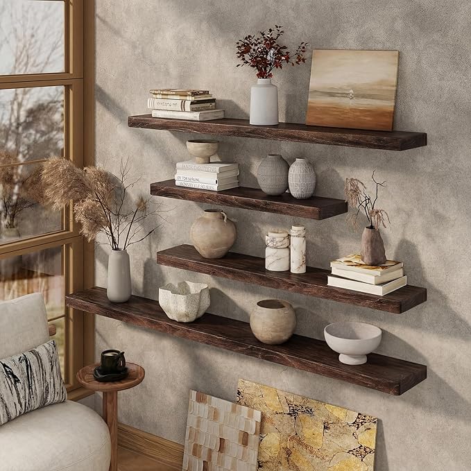 Marsmiles 55 inch Floating Shelves for Wall Solid Elm Wood Wall Mounted Shelves|Rustic Long Floating Shelves with Invisible Bracket for Bathroom Kitchen|Rounded Edge|Walnut, 1 Pack
