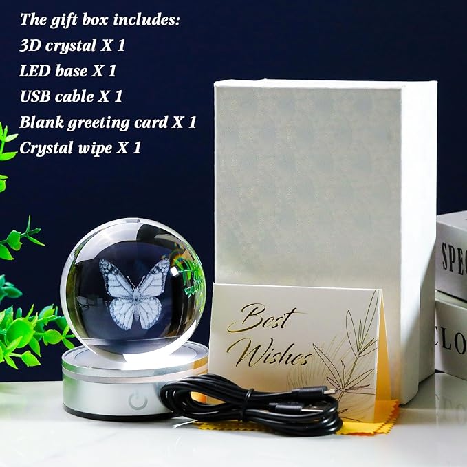 Movdyka 3D Crystal Ball Figurine Butterfly Gifts for Women Men Decorations Night Light, Laser Engraved Butterfly Ornament Glass Snow Globe Room Art Decor Crafts