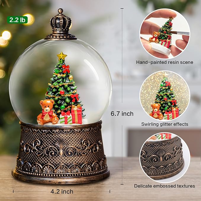 Christmas Snow Globes Lantern with Music, Christmas Tree Snow Globes with Swirling Glitter Effects, USB/Battery Powered with 6-Hour Timer, Holiday Decorations Indoor