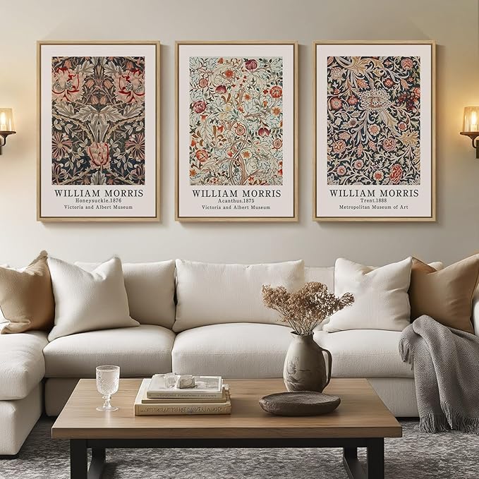 Framed Vintage William Morris Canvas Wall Art Set of 3, Large Retro Floral Artwork Prints, Rustic Farmhouse Botanical Aesthetic Wall Decor for Living Room, Bedroom, Hallway, Office, Total Size 30x60