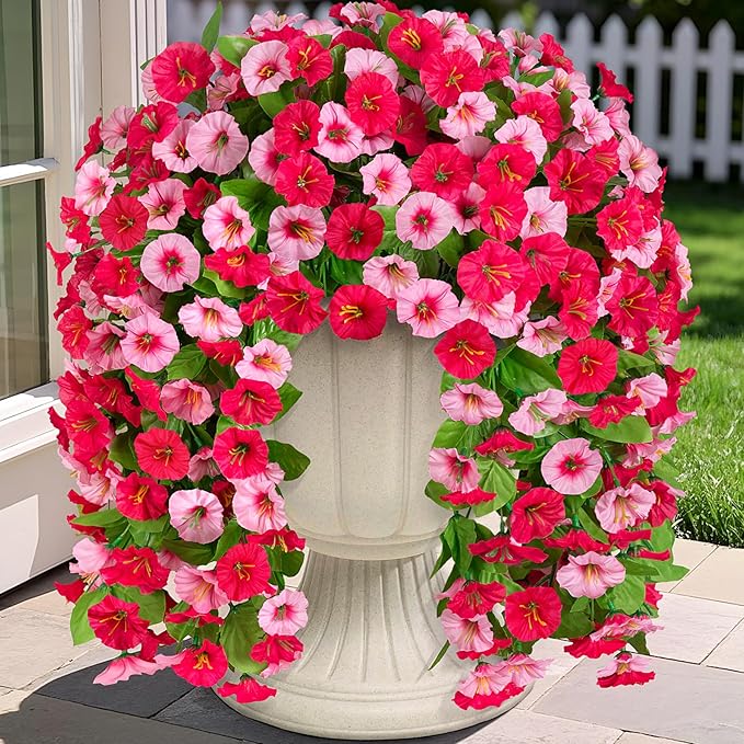 Artificial Fake Hanging Flowers Plants for Outdoor Decoration, 2PCS Faux Silk Morning Glory Long Vines Stems UV Resistant Look Real for Spring Summer Outside Home Porch Patio, Red Pink