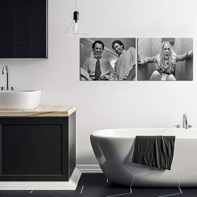 Framed Funny Movie Bathroom Canvas Wall Art Set of 2 – Black and White Vintage Comedy Movies Wall Decor, Humor White Chicks Posters Prints for Bathroom Toilet Humour Signs – 16x24in