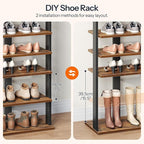 HOOBRO 10 Tiers Vertical Shoe Rack, Wooden Shoe Storage Organizer with Hooks, Narrow Shoe Tower for 20 Pairs, Space Saving, for Entryway, Living Room, Bedroom, Rustic Brown FG140XJ01