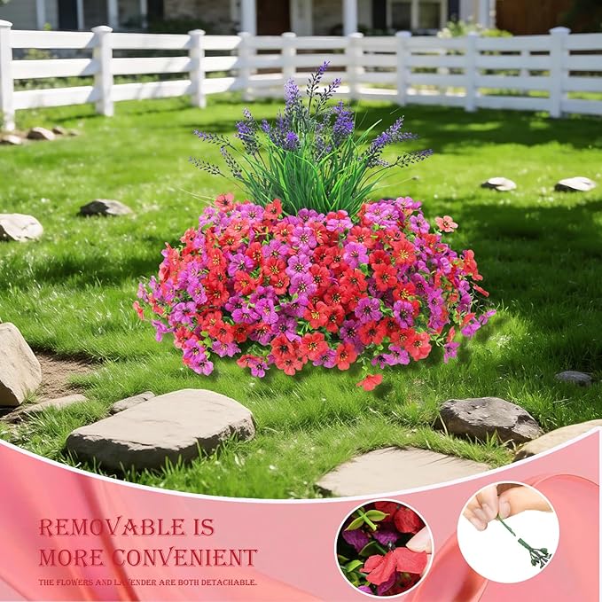 INQCMY Artificial Flowers for Outdoors UV Resistan 12 Pcs Silk Daisies with Eucalyptus Leaves and 2 Pcs Lavender Suitable for Porch Balcony Courtyard Garden (Red Lotus)