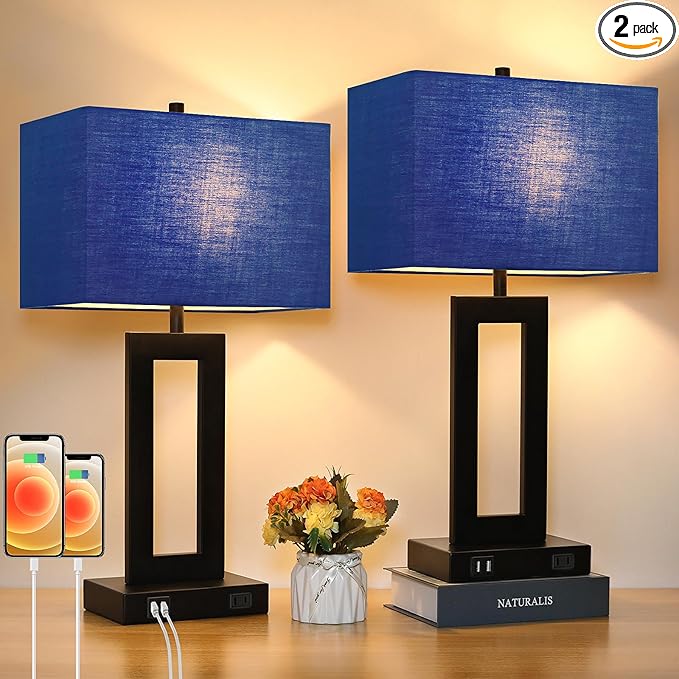 Set of 2 Touch Control Table Lamps with 2 USB Ports&AC Outlet, 3-Way Dimmable Modern Nightstand Lamp Sets, Bedside Desk Lamps for Bedroom Living Room End Tables Reading, Bulbs Included, Blue Shade