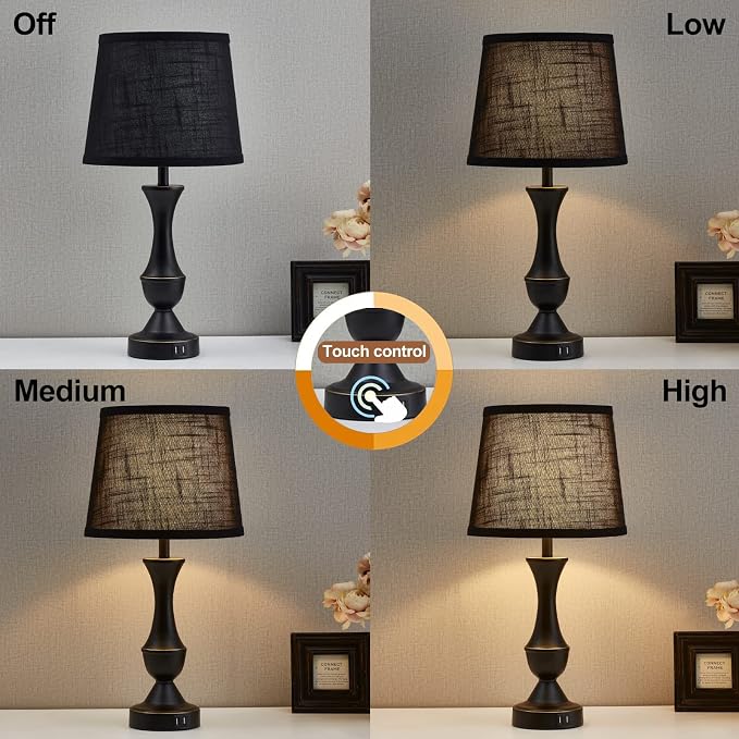 Luvkczc Black Touch Table Lamps Set of 2, 22" Tall Bedside Lamps with USB C+A Charging Ports, Nightstand Lamps for for Bedroom, Living Room, Office, with Black Lampshade, LED Bulb Included