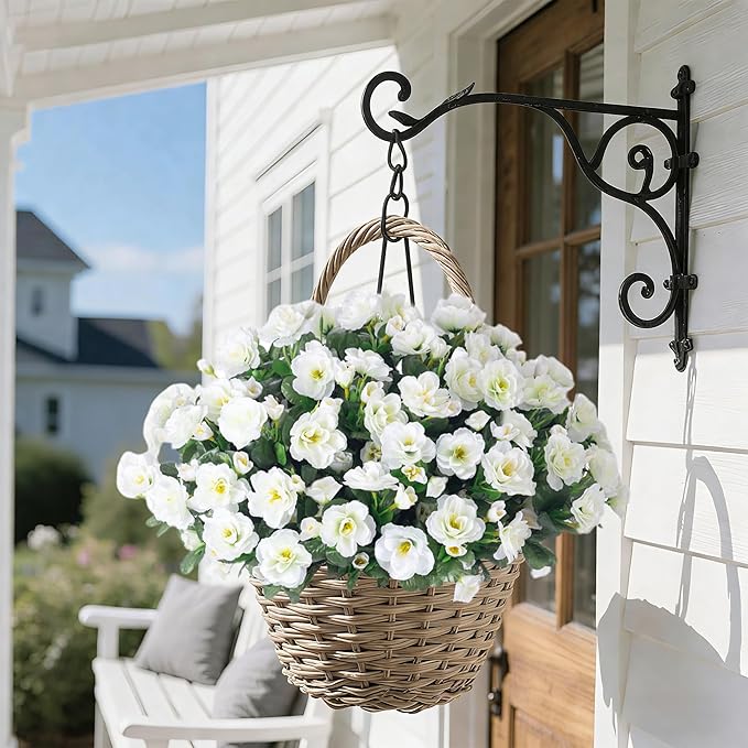 HyeFlora Artificial Fake Flowers Plants for Outdoor Outside Spring Decoration, Faux Silk White Camellia UV Resistant Realistic for Front Door Porch Planter Pot Patio Balcony, 3 Large Bundles
