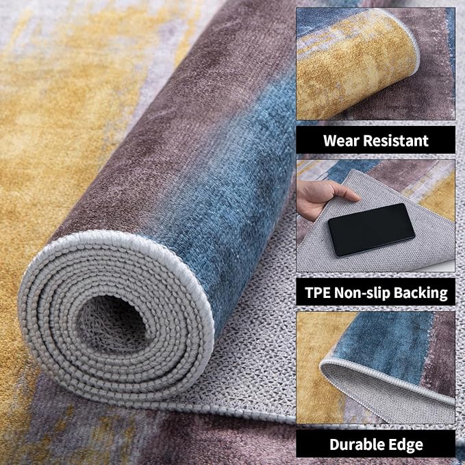 Ciicool Modern Abstract Yellow Grey Rug for Living Room, 8'x10' Machine Washable Area Rug Non-Slip Rug, Low-Pile Contemporary Indoor Dining Floor Carpet for Bedroom Office Under Table Home Decor