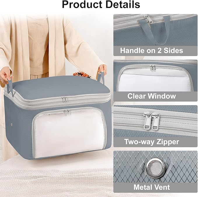 Comforter Storage Bag - Large Capacity Blanket Storage Bags Front-opening Ultra Space Saving Self Compression Organizer, Washable Compression Bags for Storage Comforter Blanket, 1 Pack, Grey