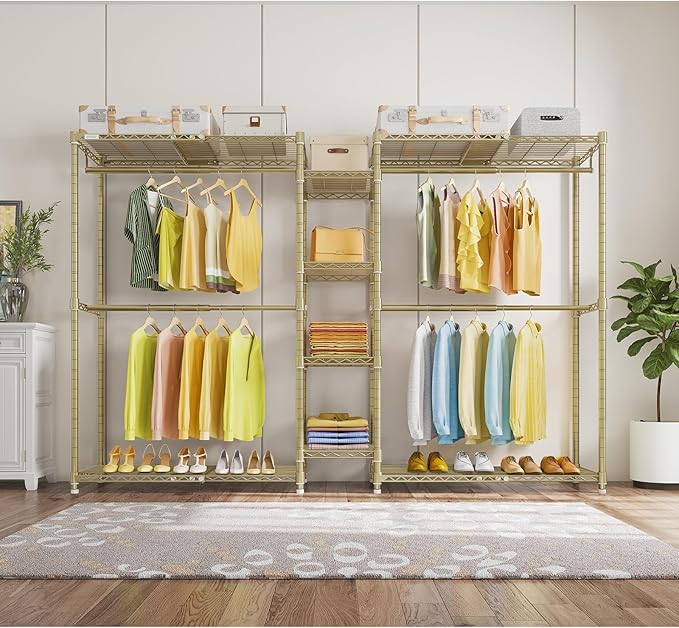 VIPEK X3 Expandable Heavy Duty Clothes Rack Adjustable from 5'2" to 8' with Adjustable Shelves and Hanger Rods, Large Freestanding Clothing Racks Reach-in & Walk-in Closet, Max Load 1210LBS, Gold
