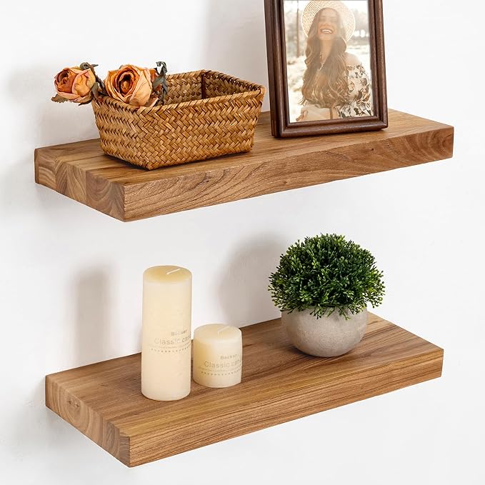 Marsmiles 16 inch Floating Shelves for Wall Solid Elm Wood Shelves|Rustic Wall Shelves with Heavy-Duty Invisible Bracket for Bathroom Living Room Kitchen|Natural, 2 Pack