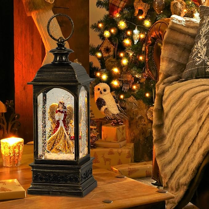 Wondise Lighted Angel Christmas Snow Globes Musical Lantern with Timer, USB Powered & Battery Operated Swirling Glitter Water Globes Christmas Decoration Lantern (3.7 x 3.7X 11.4 inch)