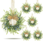 6 PCS Small Spring Summer Blue Berry Cabinet Wreath Artificial Mini Kitchen Wreaths Vintage Swags Wreath with Retro Burlap Ribbon for Farmhouse Rustic Home Front Door Window Pillar Wedding Chair Wall