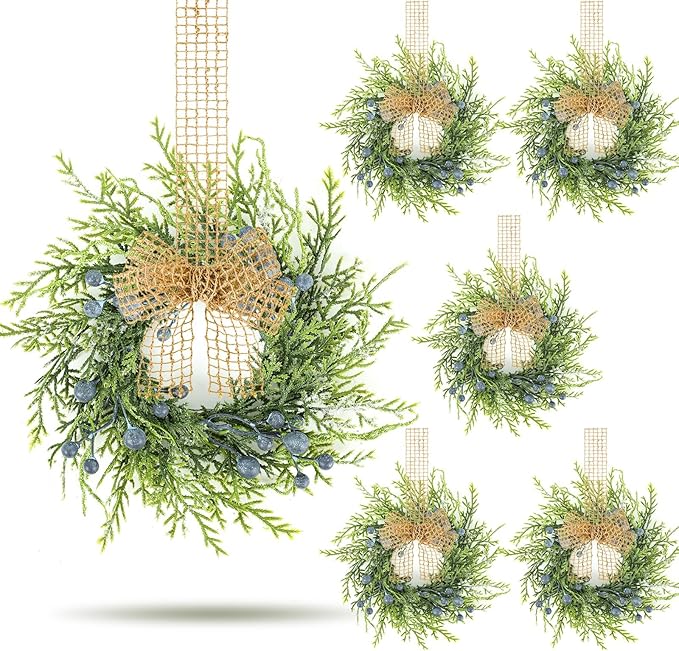6 PCS Small Spring Summer Blue Berry Cabinet Wreath Artificial Mini Kitchen Wreaths Vintage Swags Wreath with Retro Burlap Ribbon for Farmhouse Rustic Home Front Door Window Pillar Wedding Chair Wall