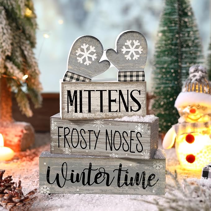Lineshading 4 Pcs Winter Table Decorations Wooden Mittens Decor Winter Tiered Tray Decor Rustic Snowflake Mittens Block Signs Gift Farmhouse Christmas Centerpiece for Wonderland Party Kitchen Home