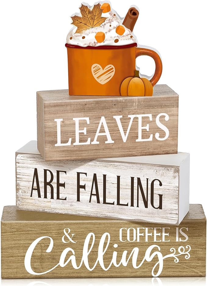 Lineshading 4 Pcs Fall Coffee Table Decorations Fall Decor for Home Thanksgiving Tiered Tray Decor Rustic Wooden Hot Cocoa Cup Pumpkin Latte Block Sign for Autumn Harvest Party Coffee Bar Kitchen