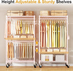 P1 Rolling Closets with Wheels and Shelves, Portable Closet Wardrobe for Clothes Hanging, Pink Clothing Storage and Organizer System for Bedroom, 35.5" W x 15.7" D x 80.5" H, Hold 500lbs