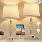 EJIAXIN Bedside Table Lamp for Bedroom Set of 2 - Beige Nightstand Lamps with USB C+A Ports,Rustic Distressed Farmhouse Bedroom Lamp - Lamp for Living Room Reading Bed Side End Table Bulbs Included