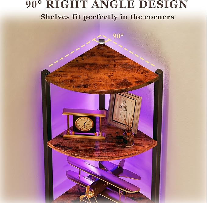 Corner Shelf with LED Lights, 6-Tier Corner Bookshelf, 66'' Organizer Book Shelf Shelves Steel Frame Display Stand with Living Room, Bedroom, Study, Rustic Brown