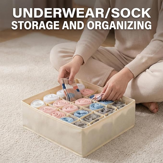 Beige 24 Grid 3 Pack Foldable Underwear Sock Storage Organizer, Non-Woven Fabric Closet Drawer Divider Bins for Socks, Ties, Baby Clothes, Dresser & Wardrobe Organization Boxes (Beige 3 Pack)