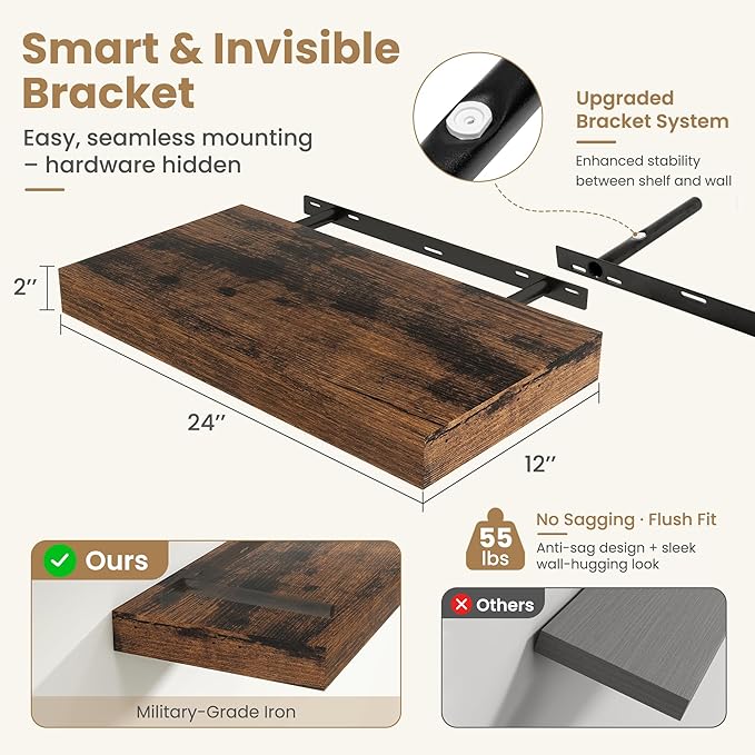 FLYJOE 24 Inch Long Floating Shelves for Wall Set of 2, 12" D Wood Grain Bathroom Shelves with Invisible Brackets, Easy Install Engineered Wood Storage Shelves for Kitchen, Living Room, Bedroom