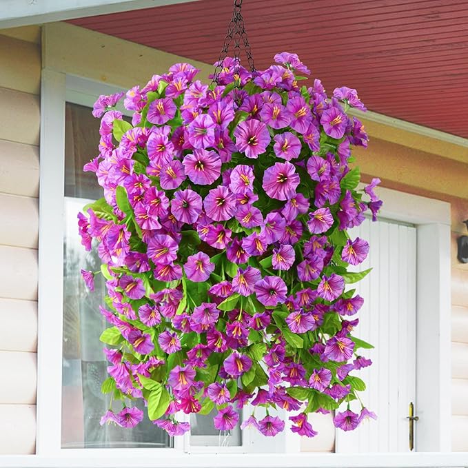 Artificial Faux Hanging Flowers Plants Baskets for Outdoor Spring Summer Decorations,Resistant Fake Morning Glory Silk Plants for Outside UV Resistant Patio Yard Home Porch Decor(Gradient)