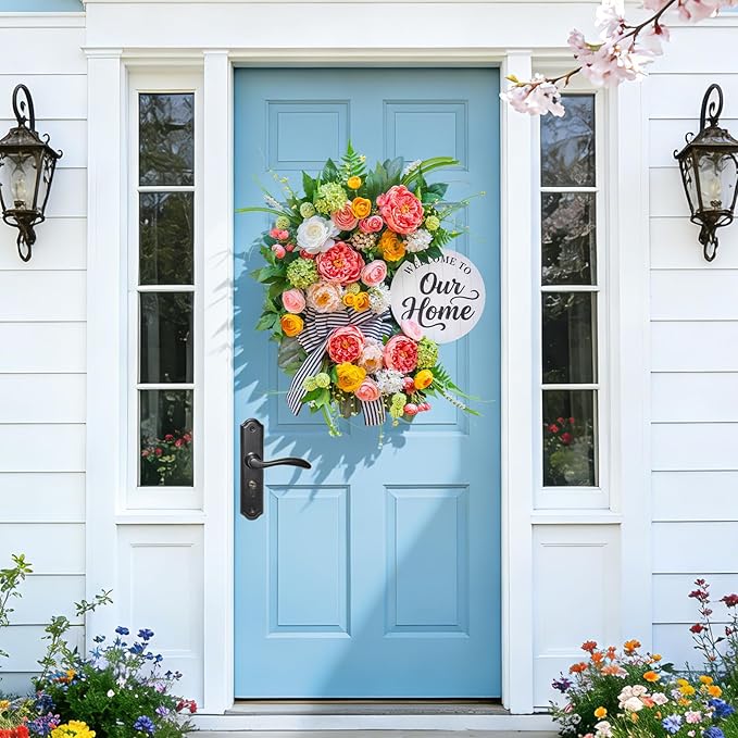 Spring Summer Wreaths for Front Door 24 Inch, Half Moon Wreath with Peony, Rose & Dalia, Outdoor Spring Wreaths for Front Door Outside, Summer Wreath for Front Door Farmhouse Welcome Sign Door Decor