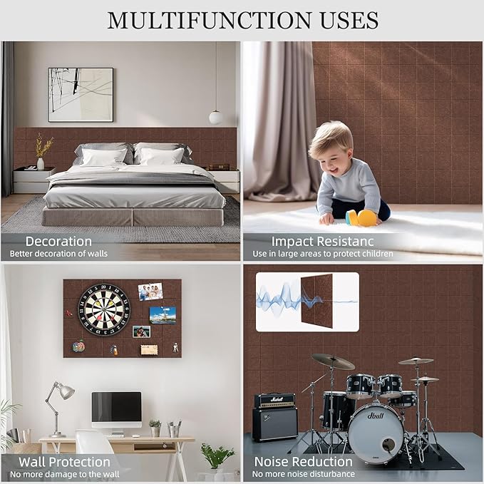 Large Felt Cork Board Alternative - 36" x 24" Bulletin Board with 30 Pushpins, 6 Pack Adhesive Cork Board, Sound Absorbing Fabric Wall Tiles, for Office Home Music Class, Red Brown